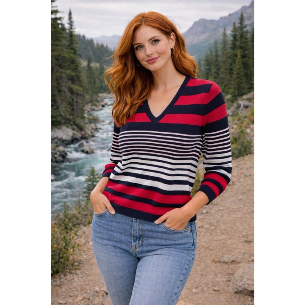 Women's Tommy Hilfiger V-Neck Sweater SP Red Navy Blue Striped